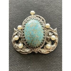 Vintage oval turquoise-colored cabochon stone faux pearls Brooch Or Pendant